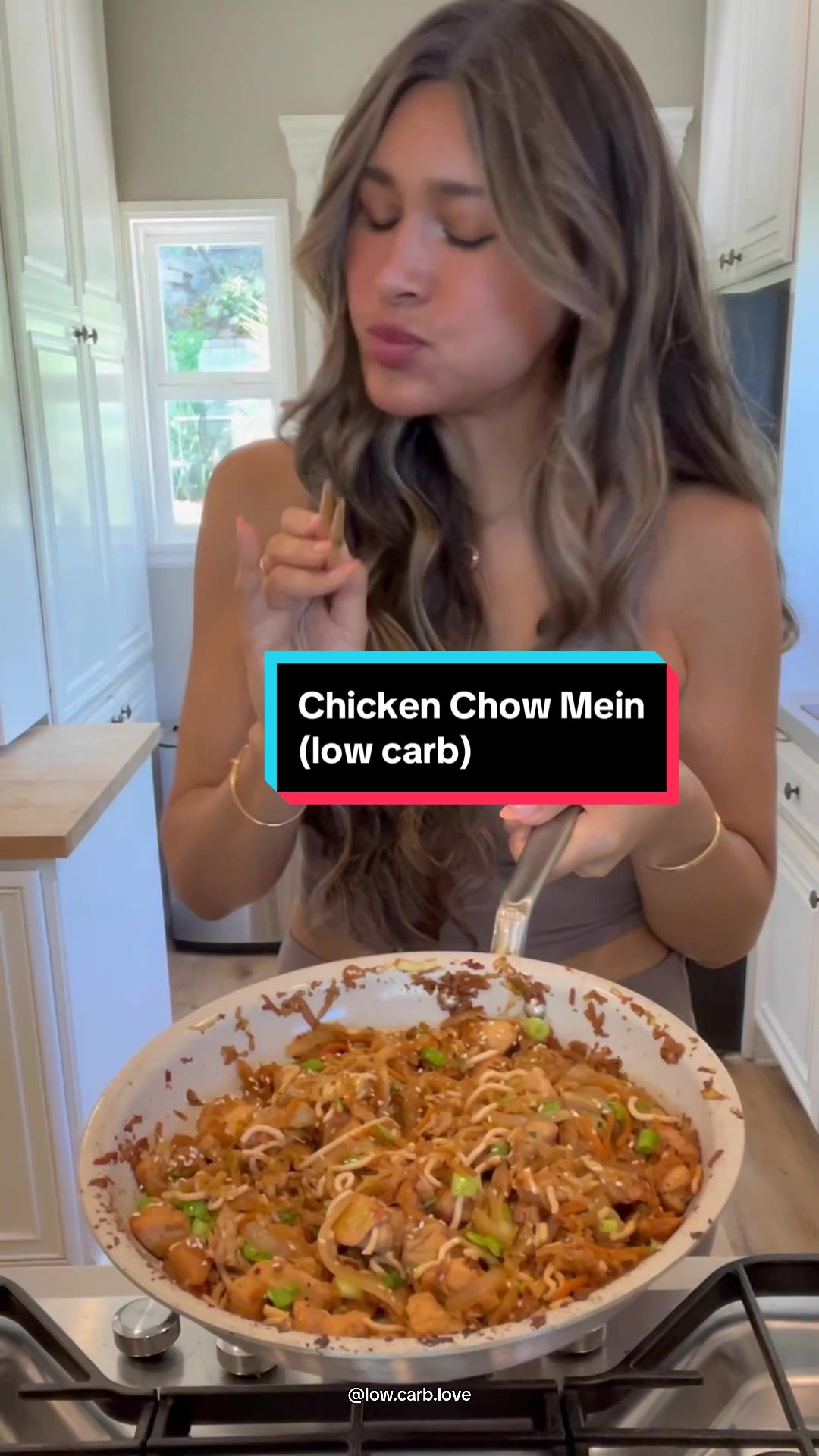 TikTok post by @lowcarblove for Made In Cookware. Caption reads: Low Carb Chicken Chow Mein using my new @Made In....