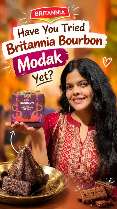Instagram post by @sanjananaik_20 for Britannia SnackInc. Caption reads: #AD Bourbon + Modak? Unexpectedly perfect. 🤎🤎....
