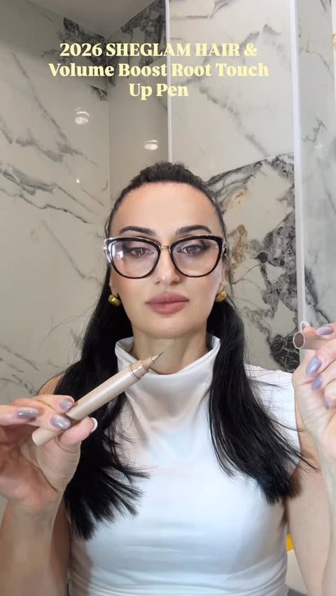 Instagram post by an influencer for SHEGLAM OFFICIAL. Caption reads: 2026 SHEGLAM HAIR & Volume Boost Root Touch Up Pen....