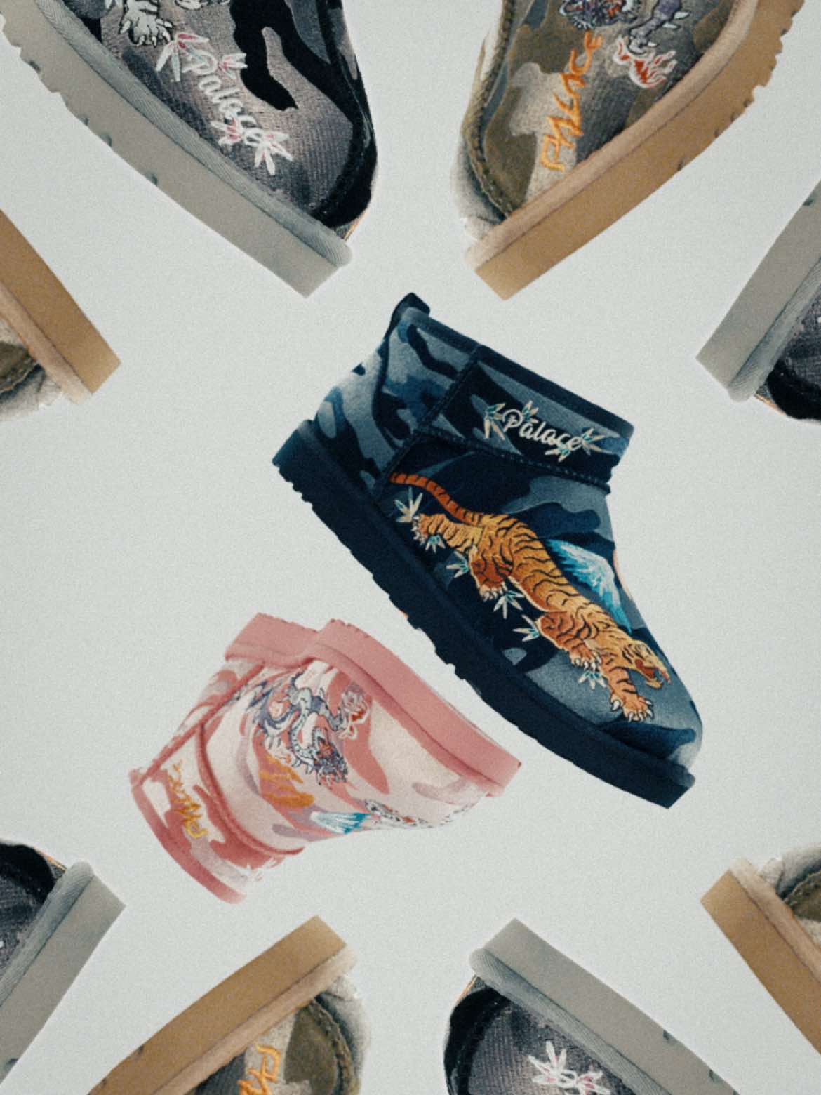 TikTok post by @ugg for Palace Skateboards. Caption reads: [...] 2024. Available exclusively via @PALACE....