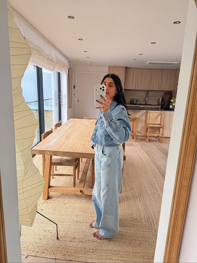 Instagram post by @monikh for MINT VELVET. Caption reads: A moment for @mintvelvet denim #ad.