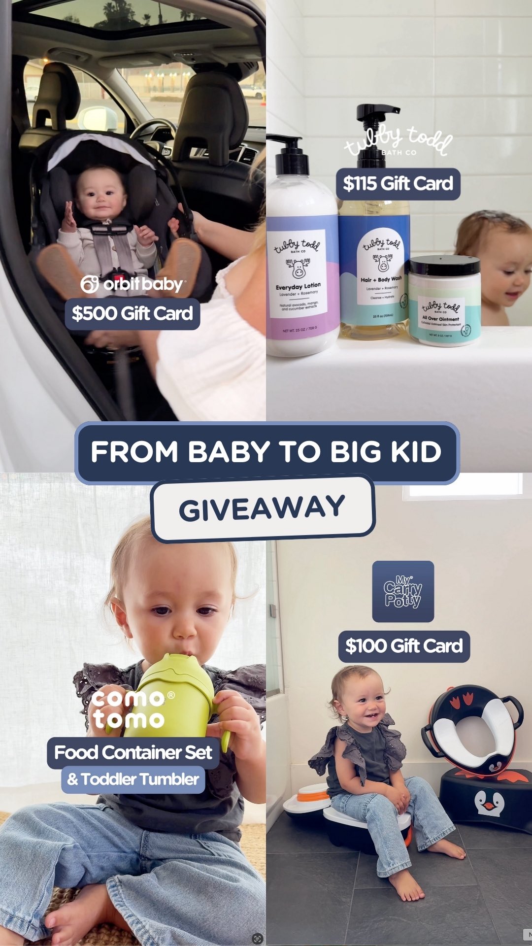 Instagram post by @mycarrypotty.usa for Tubby Todd. Caption reads: 🤍✨ FROM BABY TO BIG KID GIVEAWAY ✨🤍

The....