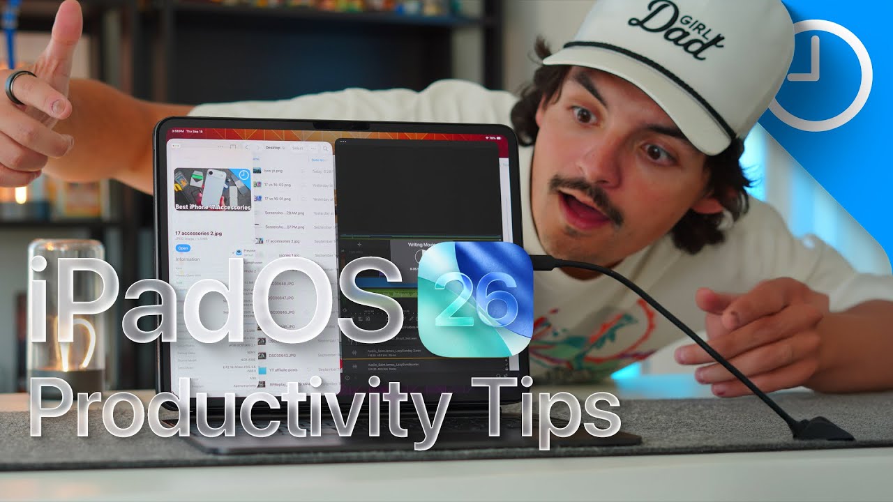 YouTube post by @9to5Mac for KUXIU. Caption reads: iPadOS 26 Hidden Features You NEED to Try (Turns....