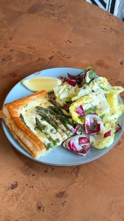 Instagram post by @max.baroni for La Maison Maille. Caption reads: asparagus + ricotta tart w mustardy lettuces....