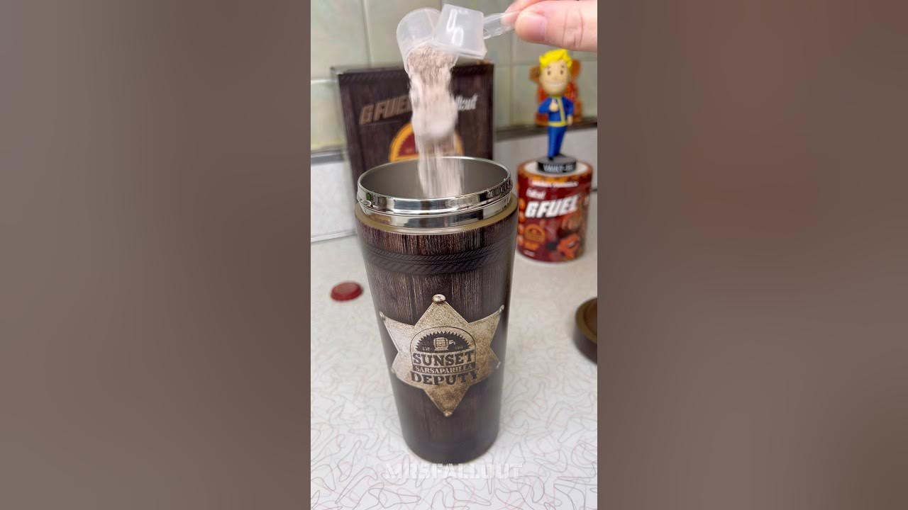 YouTube post by @MrsFallout for G FUEL. Caption reads: SUNSET SARSAPARILLA GFUEL COLLECTORS BOX!.