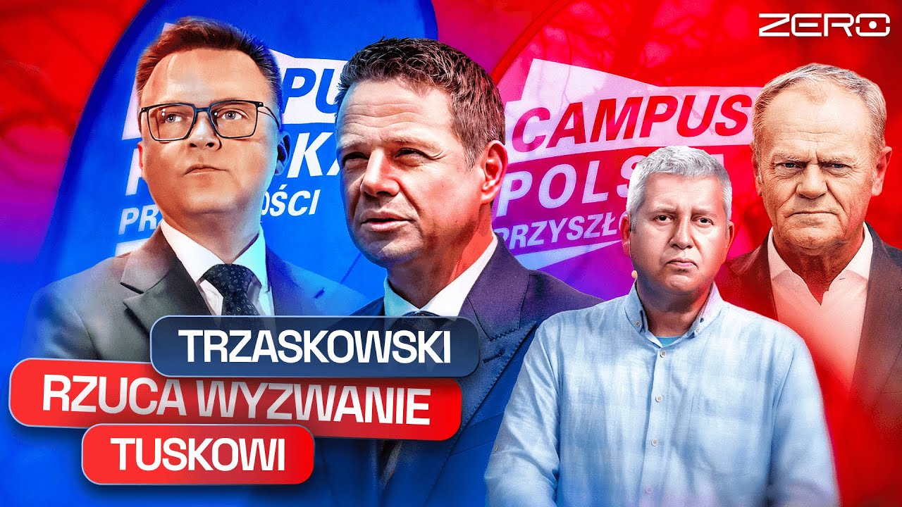 YouTube post by @KanalZeroPL for STS. Caption reads: TRZASKOWSKI-HOŁOWNIA ALLIANCE? CAMPUS POLSKA IS....