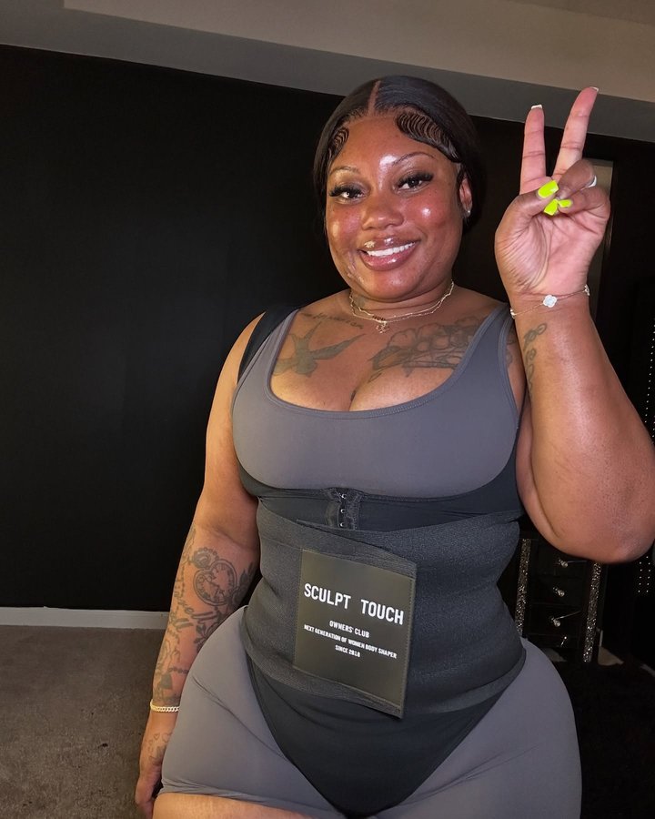 Instagram post by @ro_toopretty for Sculpt Touch. Caption reads: Me @ home in the waist trainer yall hate to see me....