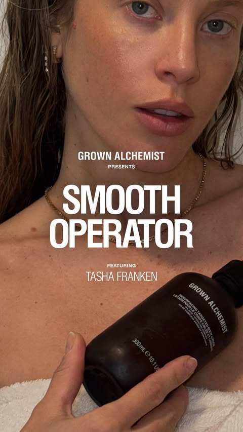 Instagram post by @tashafranken for Grown Alchemist. Caption reads: [...] words, you just have to feel it.....