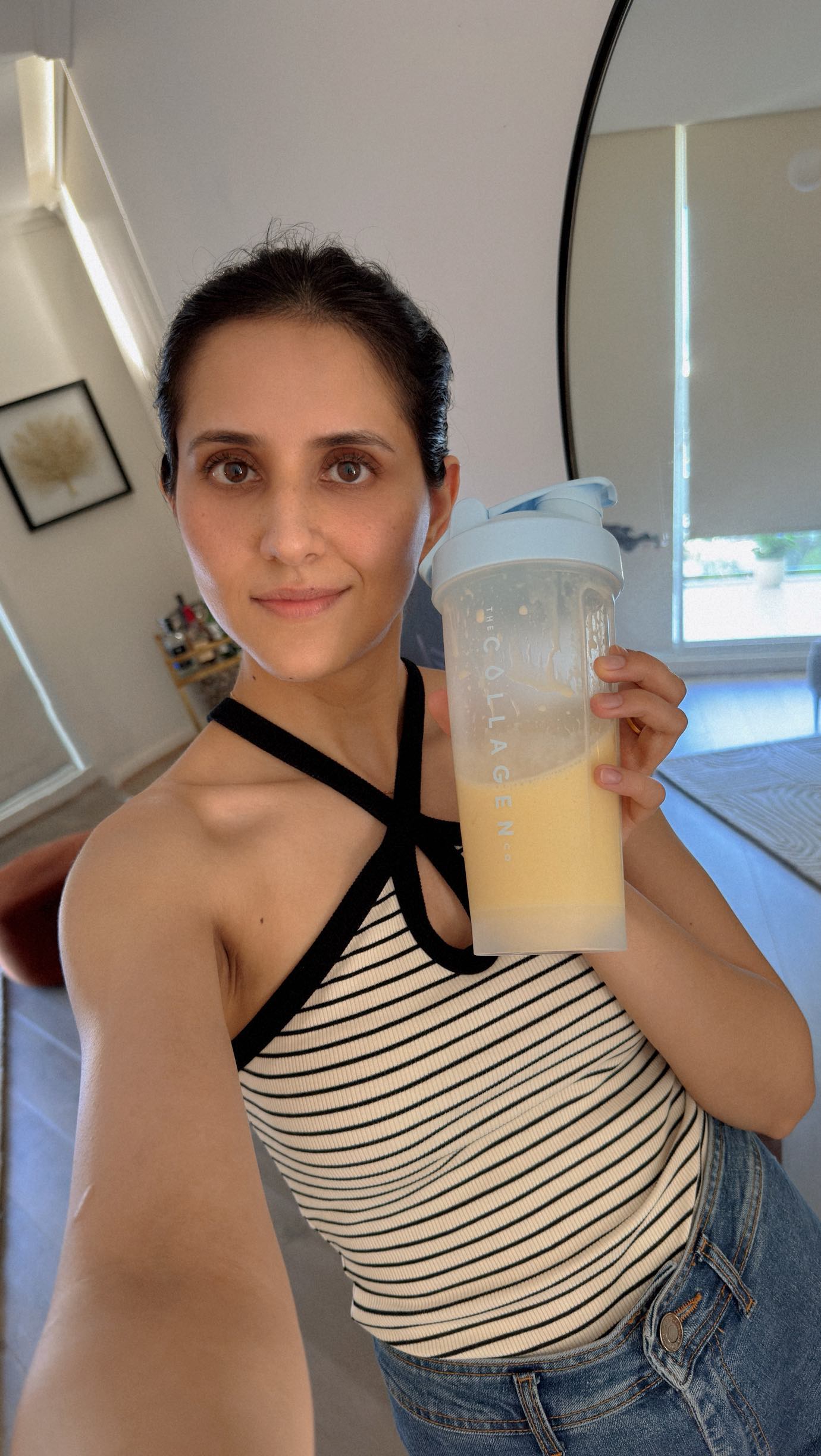 Instagram post by @radhikatchabbra for The Collagen. Caption reads: Fueling my post-workout glow with the Glow Shake....