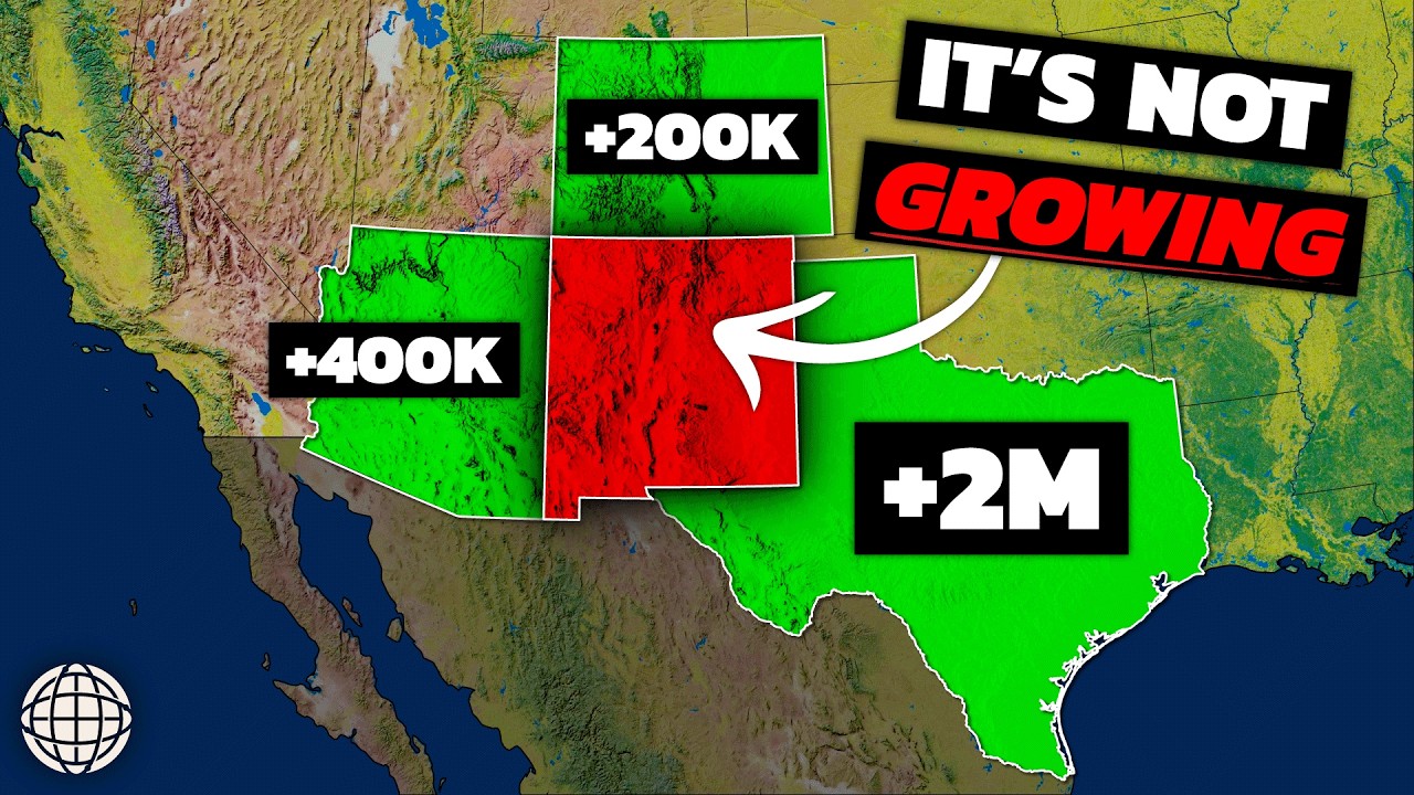 YouTube post by @GeographyByGeoff for Storyblocks. Caption reads: Why Almost Nobody Moves To New Mexico.