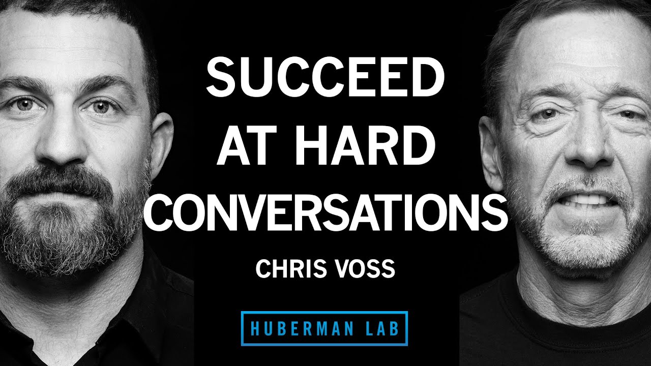 YouTube post by @hubermanlab for InsideTracker. Caption reads: How to Succeed at Hard Conversations | Chris Voss.