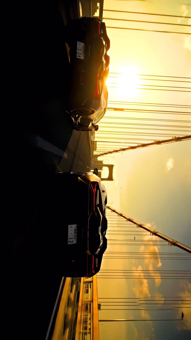 Instagram post by @banzaicruise.official for Tilta. Caption reads: Lamborghini Revuelto Sunset at Rainbow Bridge –....