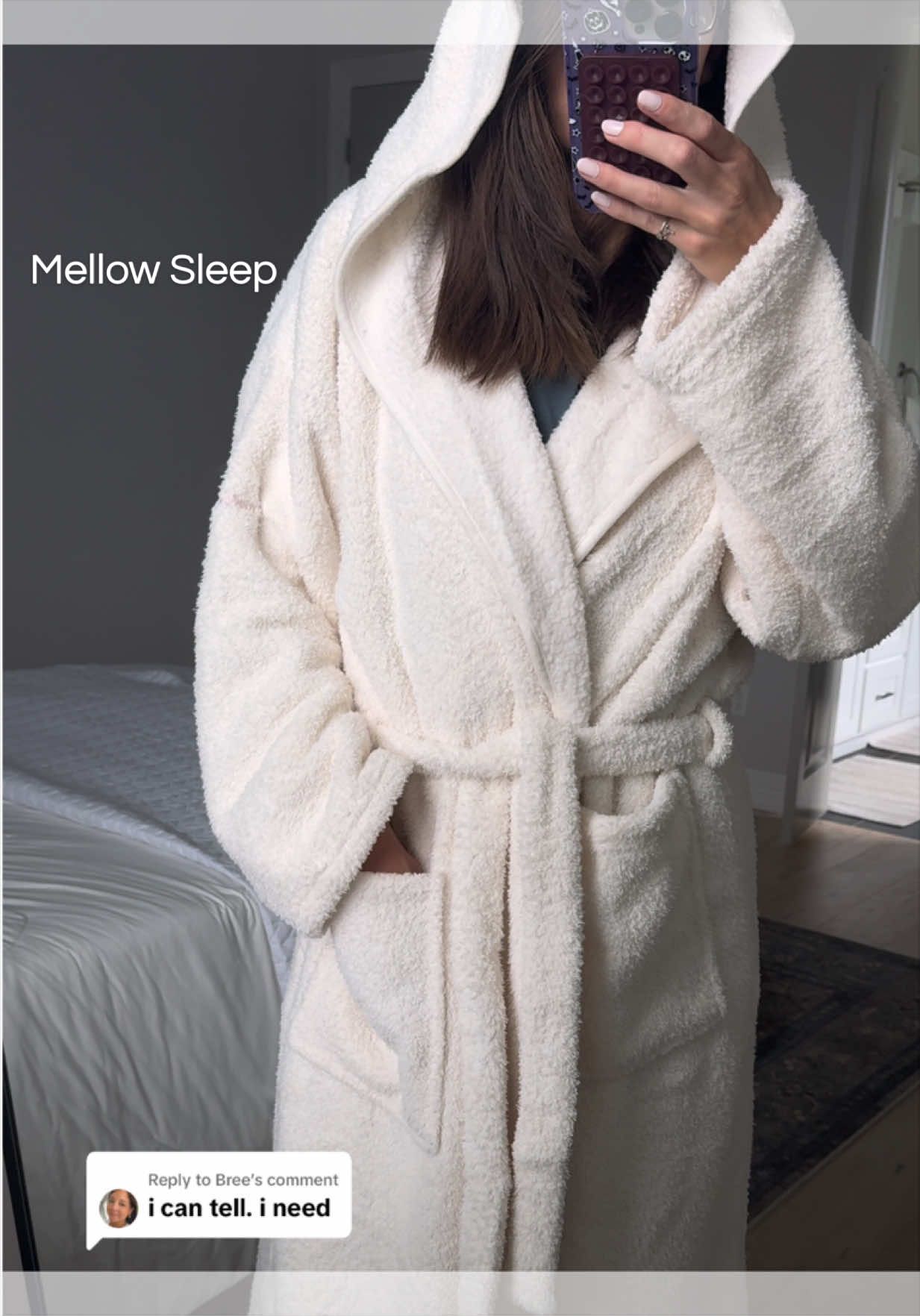 TikTok post by an influencer for Mellow Sleep. Caption reads: [...] foreseeable future 🍂☁️ @Mellow Sleep #robe....