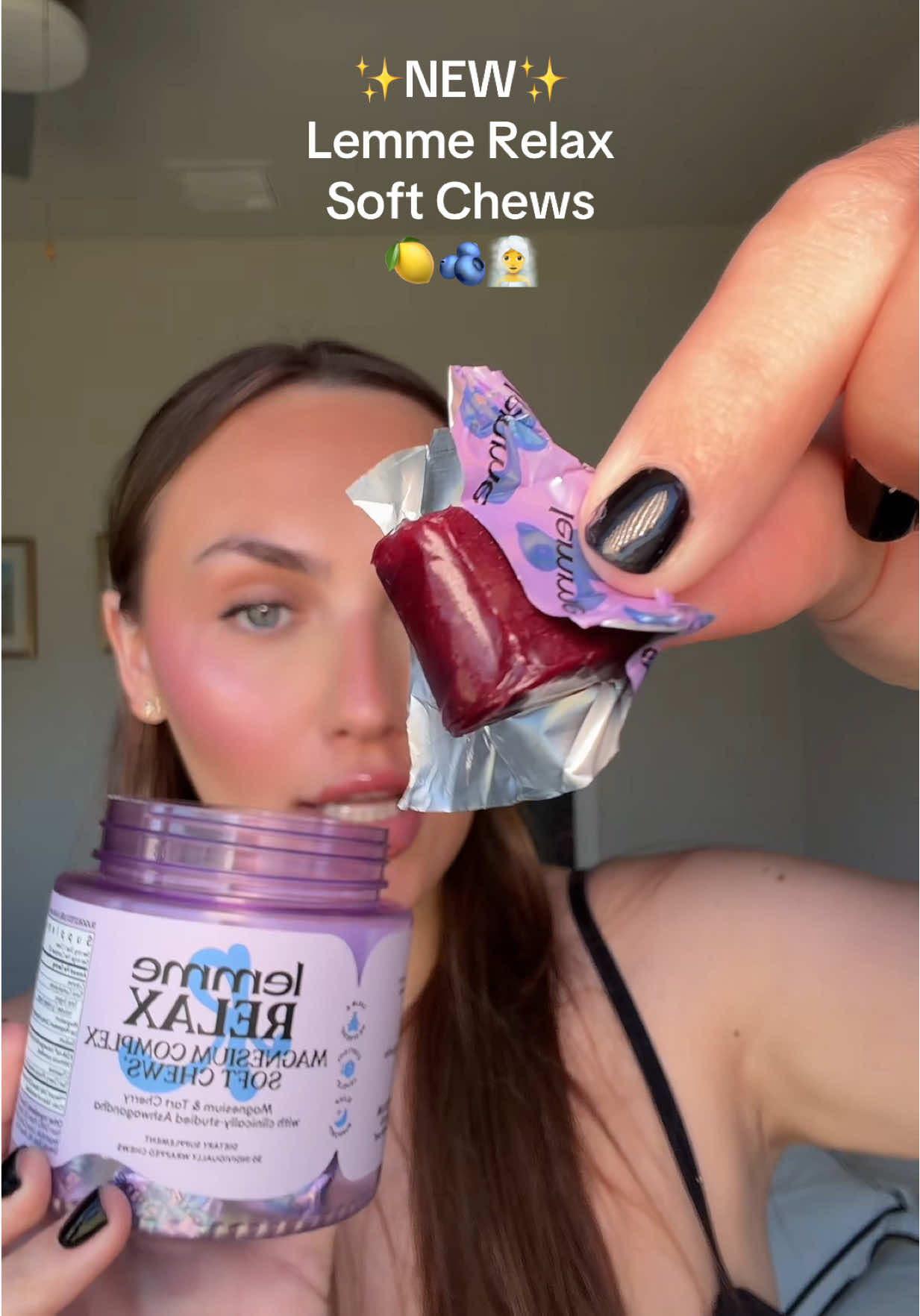 TikTok post by @daniellamagee for Lemme. Caption reads: NEW LAUNCH ALERT!✨🫐💜 @lemme #lemme #lemmerelax....
