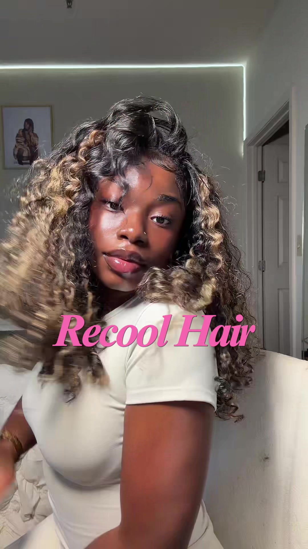 TikTok post by @kaylanjoyy for Recool Hair. Caption reads: @Recoolhair Highlight burmese curly half wig😍😍😍....