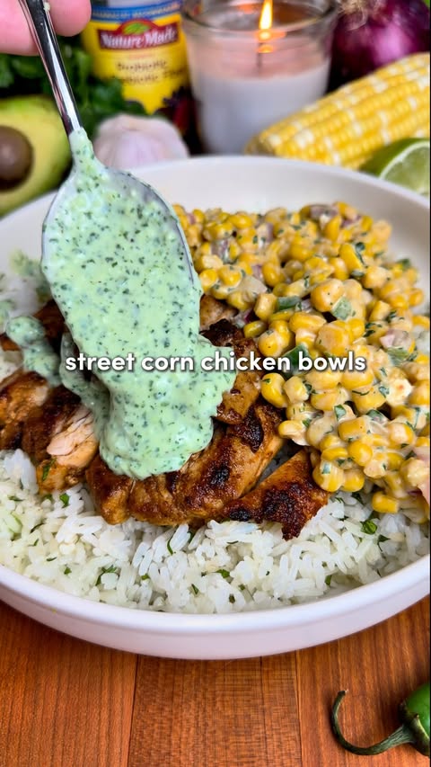 Instagram post by @recipeincaption for Nature Made. Caption reads: [...] Chicken Bowls: Gut Healthy Edition 🌽....