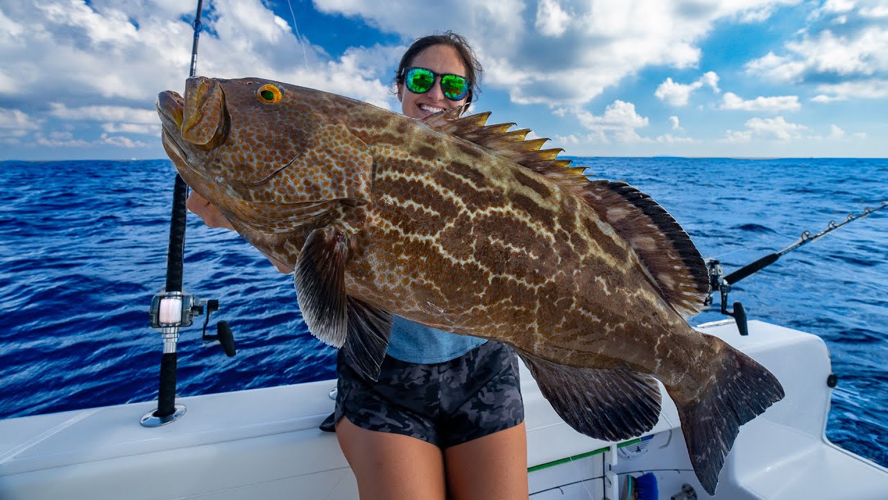 YouTube post by @brookcristoutdoors for Mustad Fishing. Caption reads: BIG BLACK GROUPER and a LOT of HEARTBREAK! Catch,....