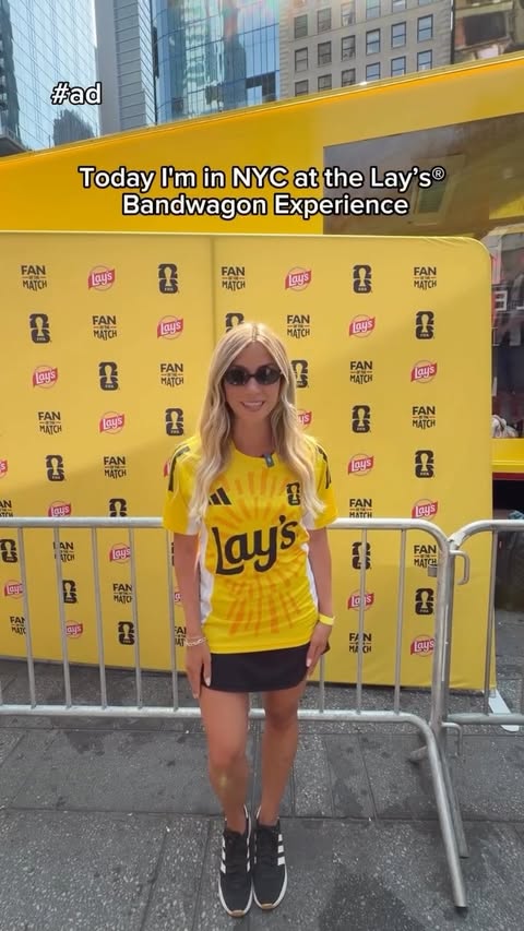 Instagram post by @katiefeeneyy for Lay's. Caption reads: [...] a bag of Lay’s and jump on, America! @lays....