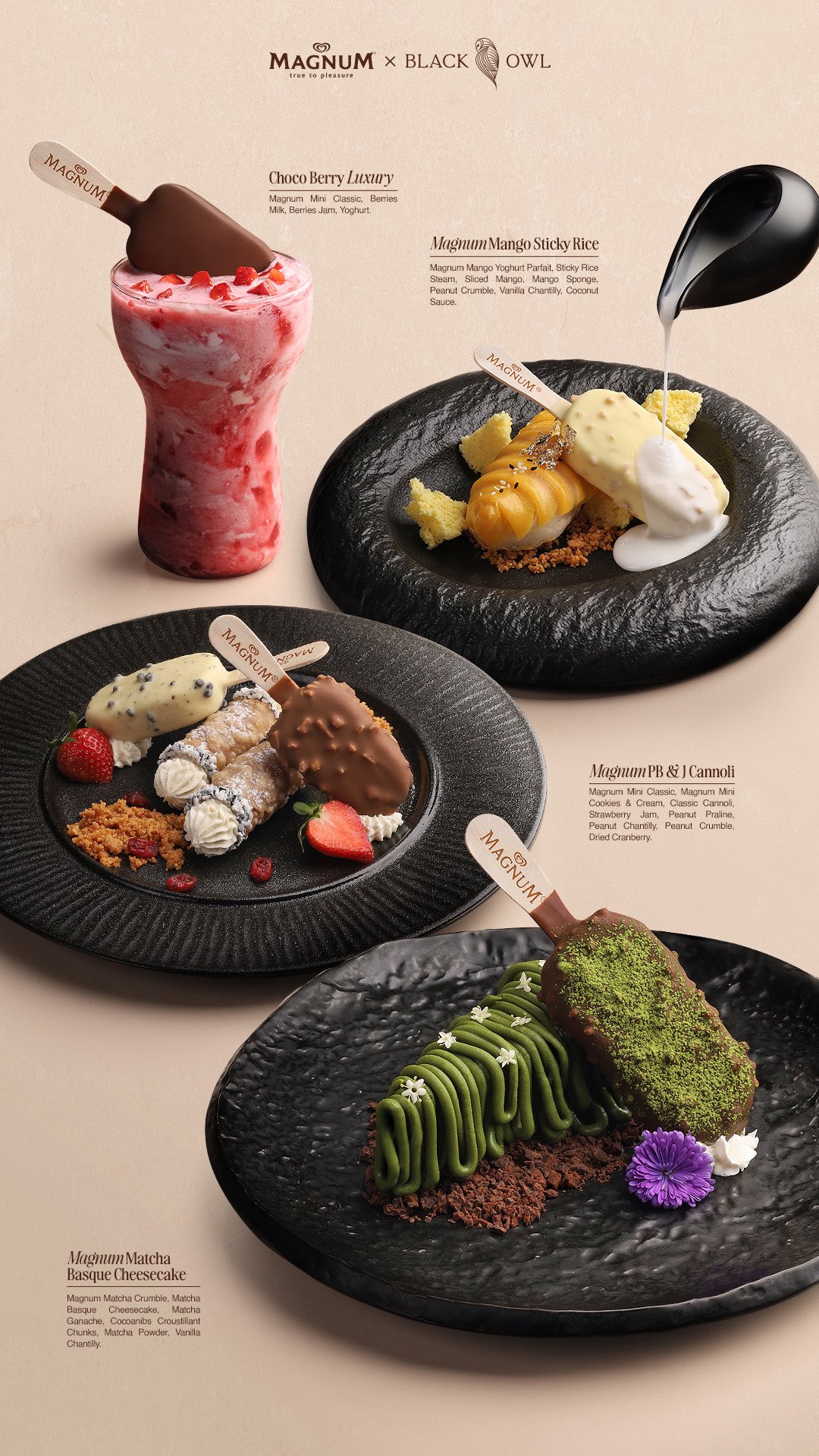 Instagram post by @blackowl.jkt for Magnum Ice Cream. Caption reads: Black Owl X @magnum.idn
Where indulgence meets....