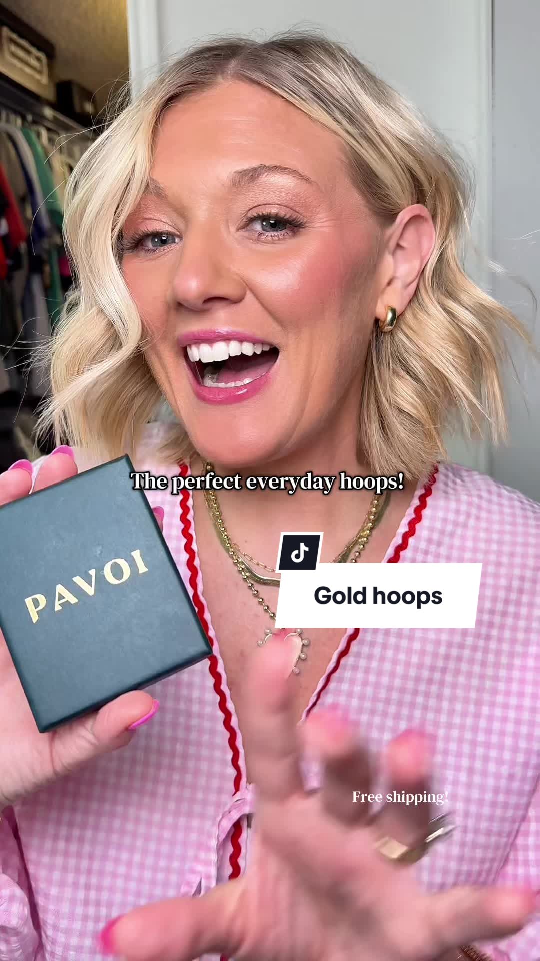 TikTok post by @tiffanimkite for Pavoi. Caption reads: [...] for the perfect everyday hoops, these @PAVOI....