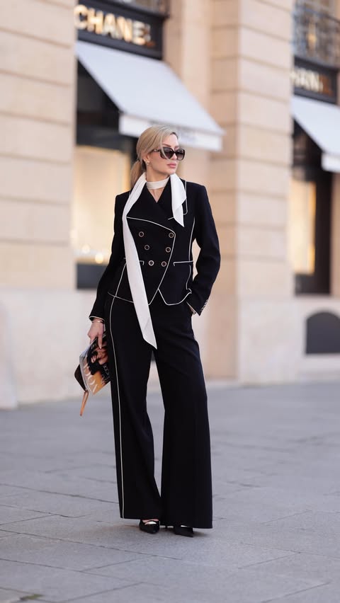Instagram post by @victoria_valentine_brown for Karen Millen. Caption reads: A timeless monochrome look 🖤 #KarenMillen #MyKM....
