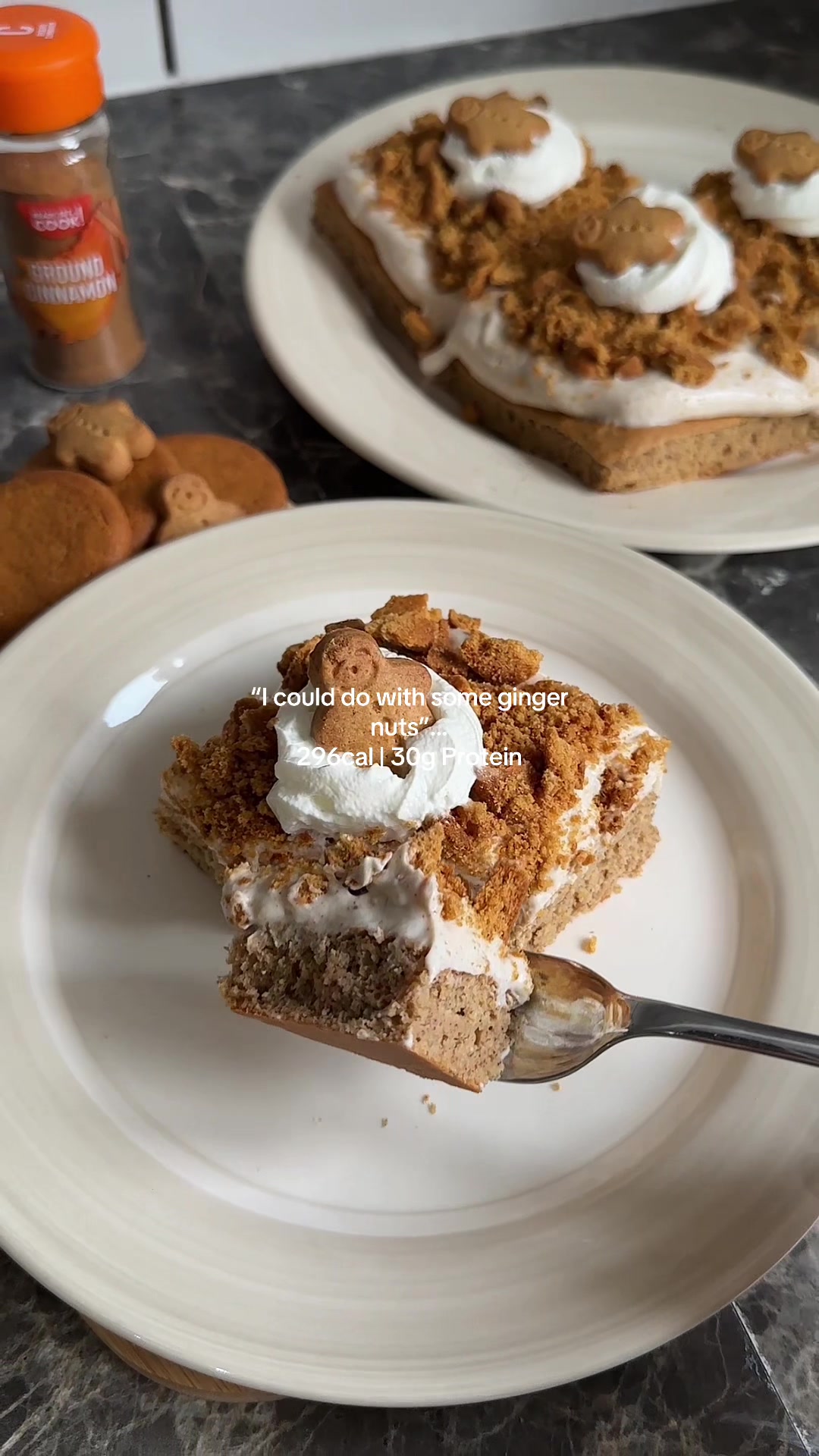 TikTok post by @bakeswith_a for Protein Works. Caption reads: Sugar, Spice & everything nice🤭 BASE: 🤎 100g....