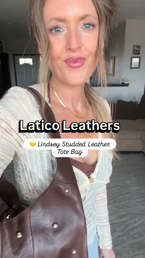 Instagram post by @fitandfashionwithkrista for Latico Leathers. Caption reads: [...] the Lindsey Studded Leather Tote by....