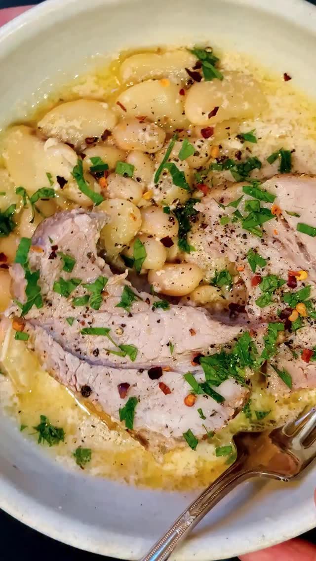 Instagram post by @justinchapple for Le Creuset. Caption reads: Cool weather, juicy pork! One of my favorite....