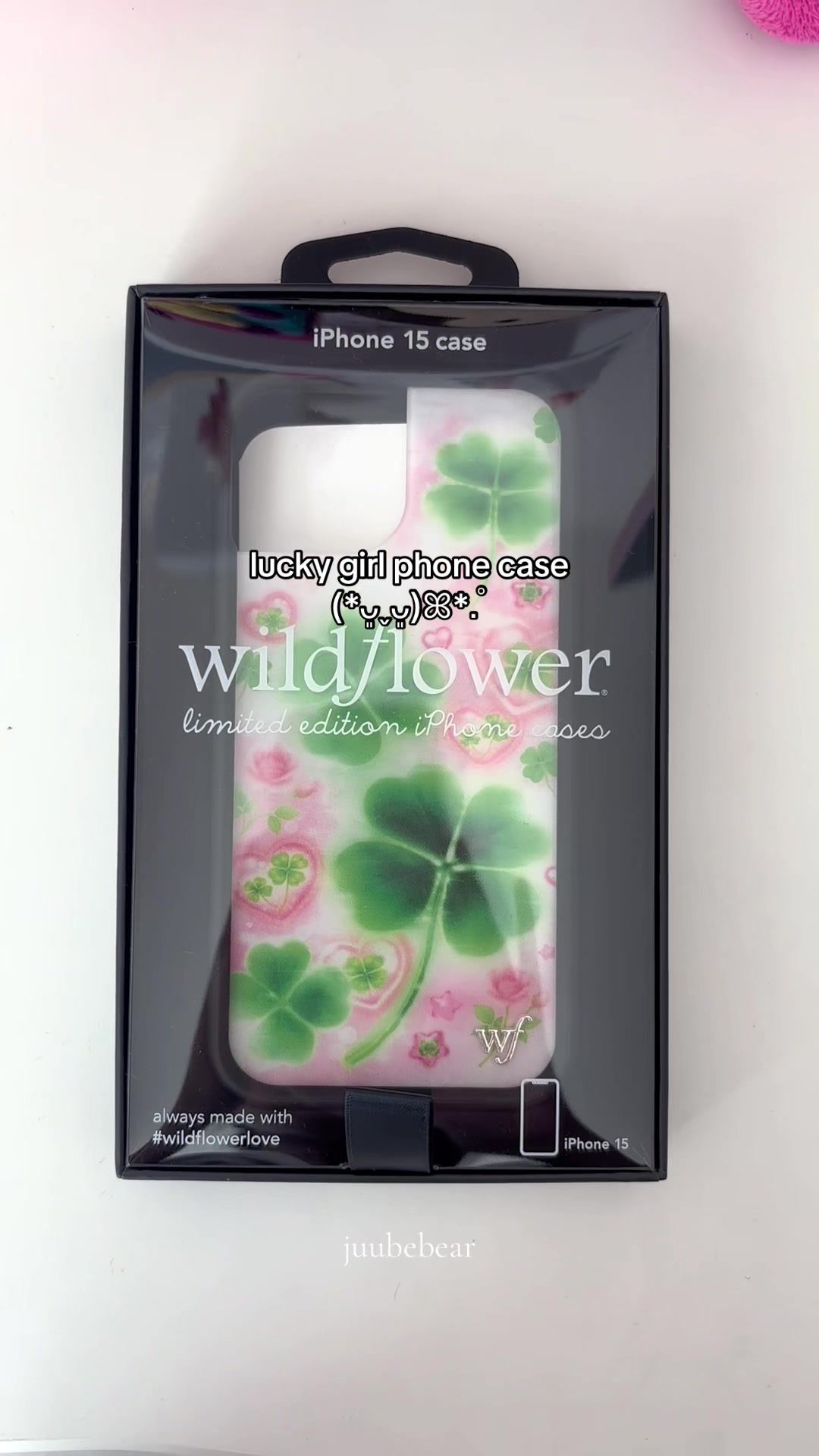 TikTok post by @juubebear for Wildflower Cases. Caption reads: [...] #phonecase #deco #clover #trinkets....