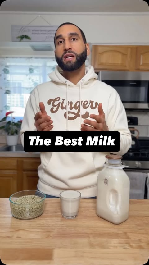 Instagram post by @veganmikes for Almond Cow. Caption reads: Hemp seed milk delivers healthy fats, minerals,....