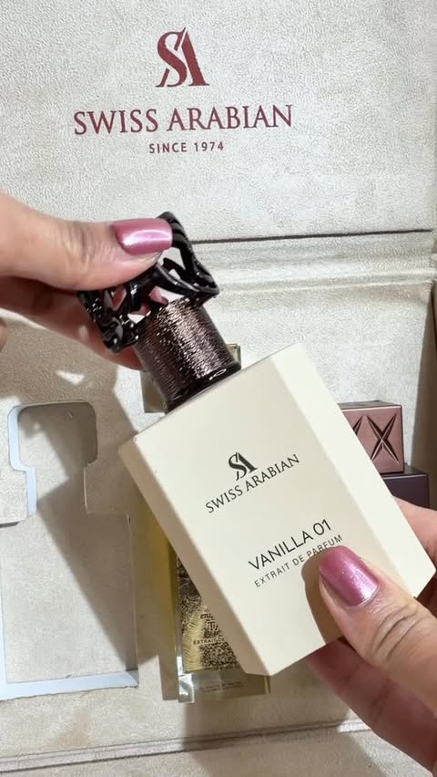 Instagram post by @marriumsshah for Swiss Arabian. Caption reads: Soft, warm and really easy to wear 🤍 Vanilla 01....