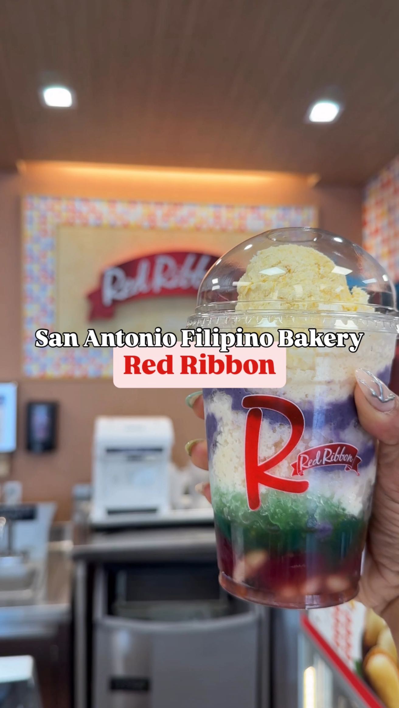 Instagram post by @adri.around.town for Red Ribbon Bakeshop. Caption reads: My hunt for Filipino Spanish bread, halo halo &....