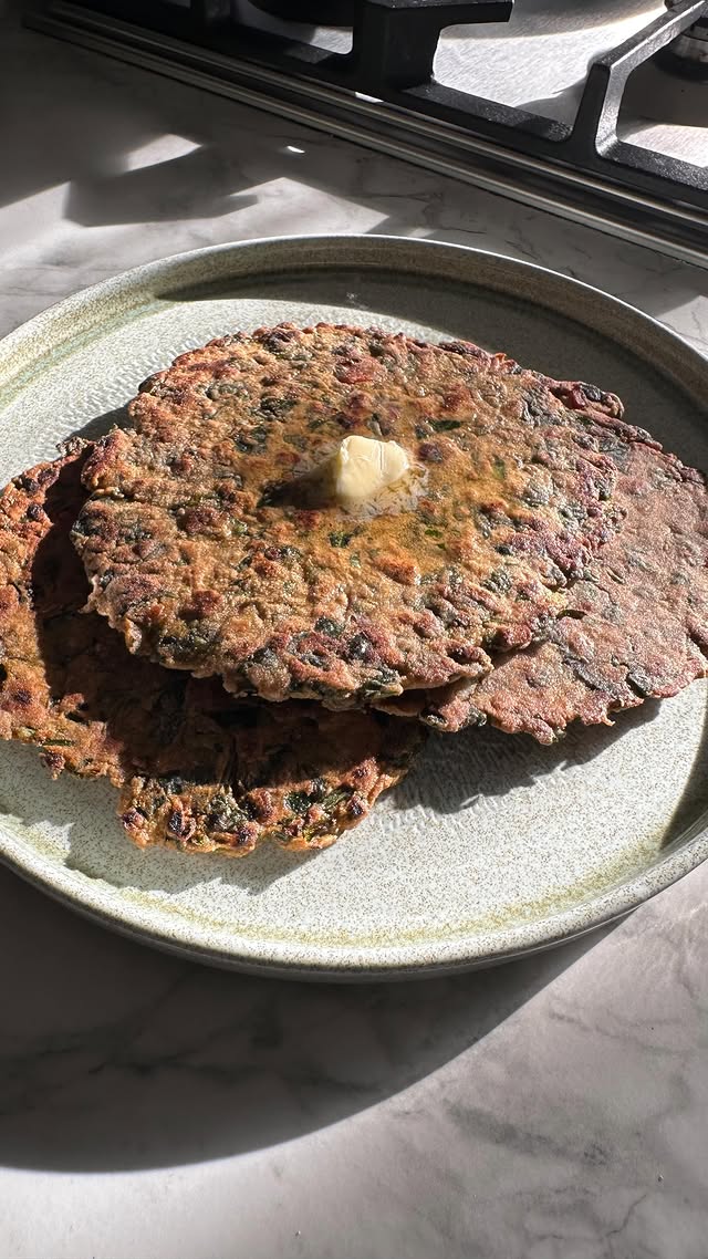 Instagram post by @chetnamakan for HexClad. Caption reads: [...] here is the buckwheat spinach paratha.....