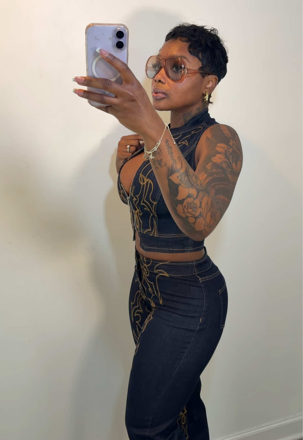 TikTok post by @hairbyshae_collection for Fashion Nova. Caption reads: @Fashion Nova denim set ✨🔥 #fashionnova #fyp....