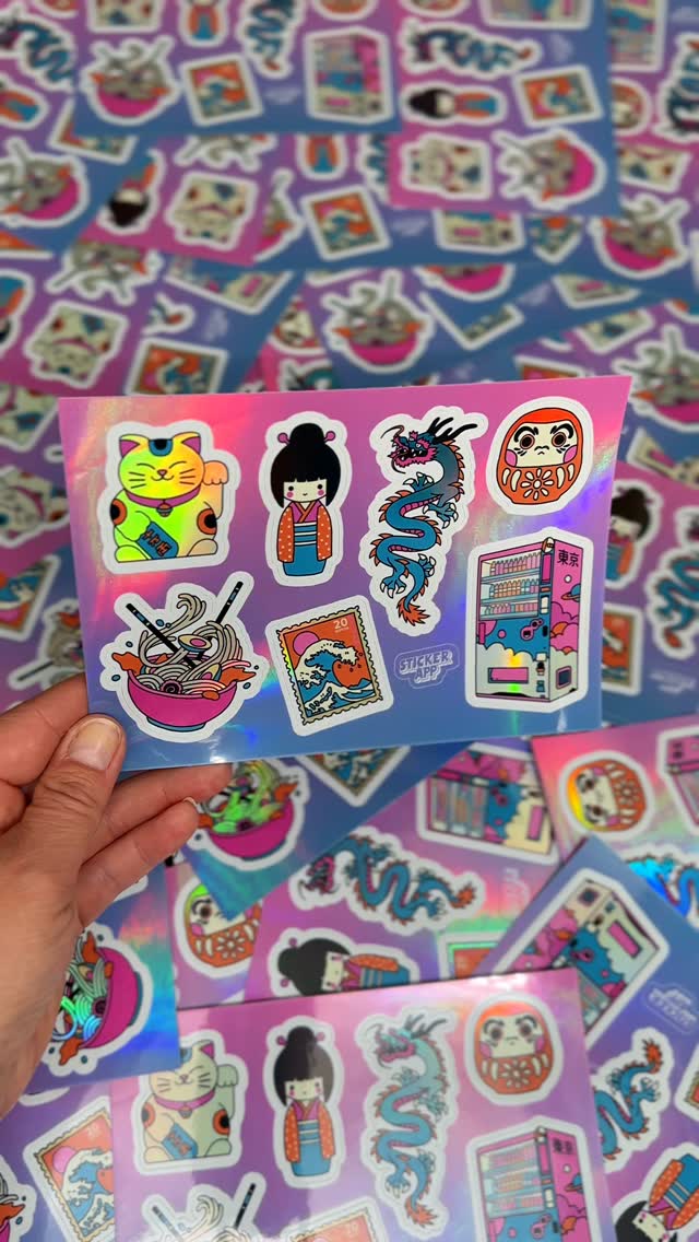 Instagram post by @camila_illustration for StickerApp. Caption reads: Come BTS for the printing of the August Thank You....