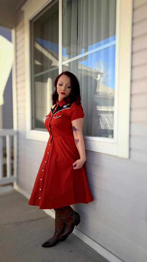 Instagram post by @missnikkigiron for Unique Vintage. Caption reads: [...] Cowboy Cat Western Flare Dress from....