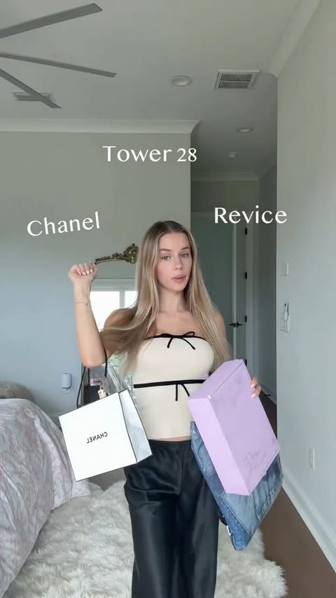 Instagram post by @haileygrice for CHANEL. Caption reads: [...] ever @revice_denim @tower28beauty....