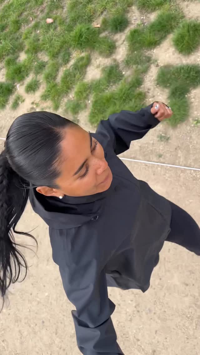 Instagram post by @mariapizzeria for Sweaty Betty. Caption reads: Rain or shine, my Motion jacket has me covered!....