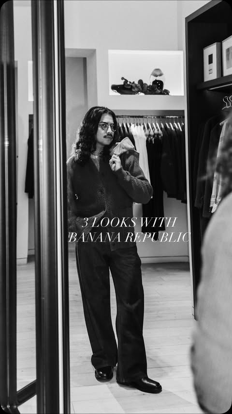 Instagram post by @denny623 for Banana Republic. Caption reads: Stopped by @bananarepublic to try on 3 different....