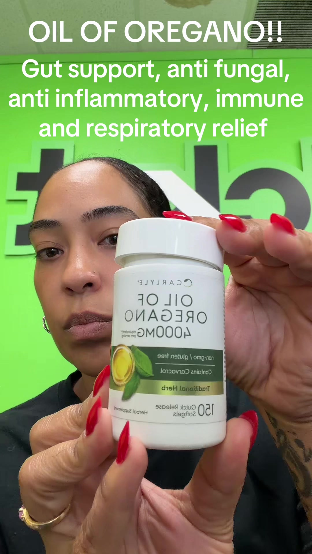 TikTok post by @dianaa.c.r for Carlyle Nutritionals. Caption reads: @Carlyle Nutritionals #oiloforegano #guthealth....