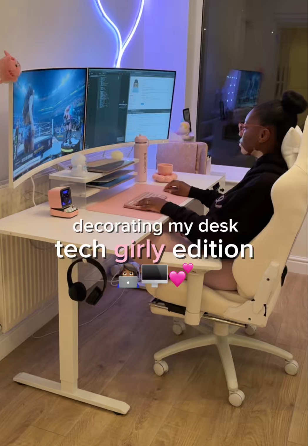 TikTok post by @thelindemoyo for Divoom. Caption reads: Creating my dream desk setup cozy, calm & girly....