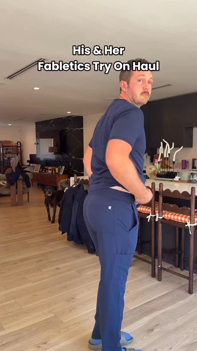 Instagram post by @scrubhacks for Fabletics. Caption reads: Nurse couple try on haul bc we start work in less....