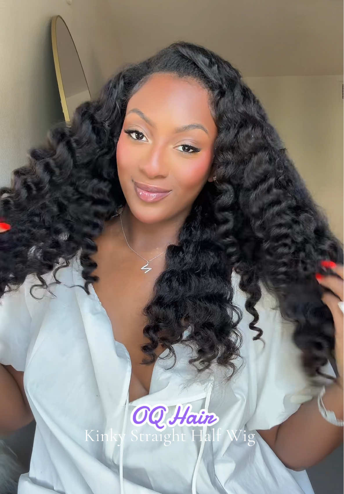 TikTok post by @naijaalahna for OQHAIR. Caption reads: @OQHAIR 20in Kinky Straight Half Wig is my new....