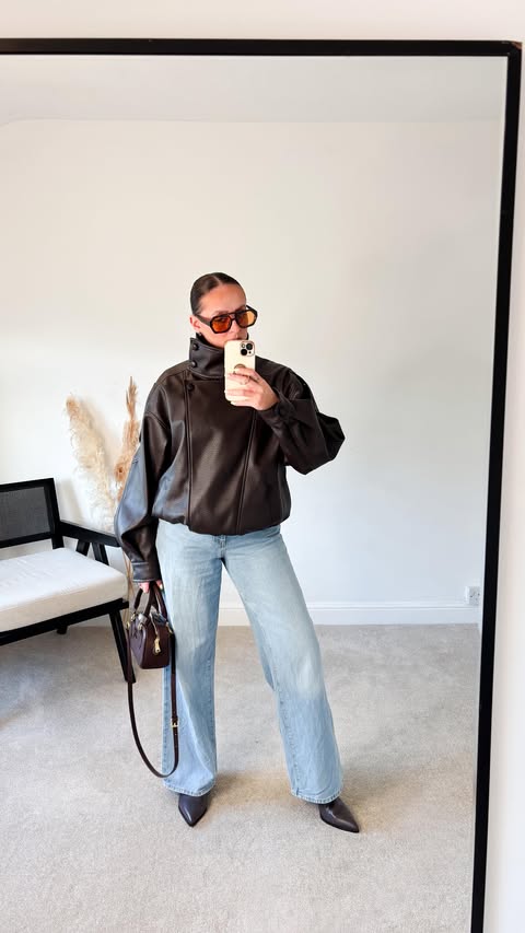 Instagram post by @mrsclaire.lee for Blue Vanilla. Caption reads: [...] with this leather jacket from....