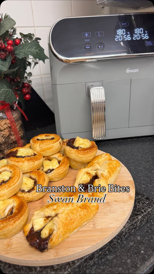 Instagram post by @jodie8981 for Swan Brand. Caption reads: Branston Pickle & Brie Bites ✨

Ad/ Retro 8L Dual....