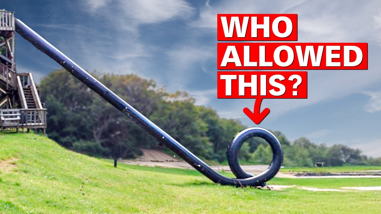 YouTube post by @fern-tv for Displate. Caption reads: The Insane Themepark That Killed 6 People.