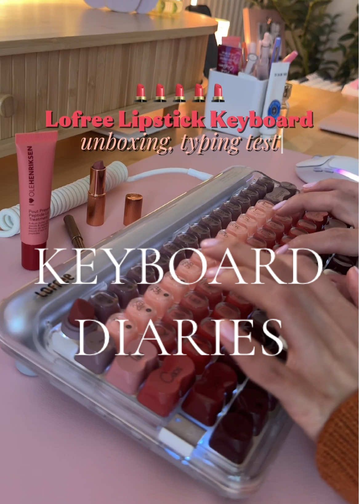 TikTok post by @ezziii23 for LOFREE. Caption reads: keyboard diaries | unboxing the Lofree Lipstick....