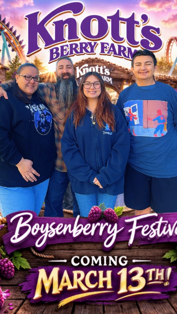 Instagram post by @biteswiththefam for Knott's Berry Farm. Caption reads: Friends, get ready for a berrylicious adventure....