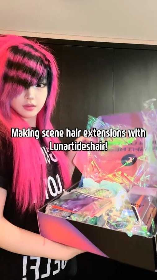 Instagram post by @i_d34_ for Lunar Tides Hair. Caption reads: Making scene extensions with @lunartideshair !!....