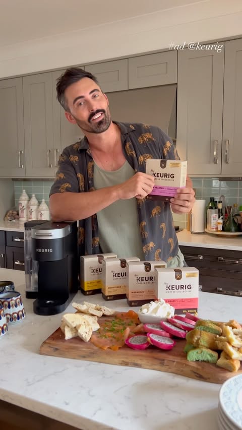 Instagram post by @dustin_patrick_smith for Keurig. Caption reads: [...] fruit, a cheese board, and the new @Keurig....